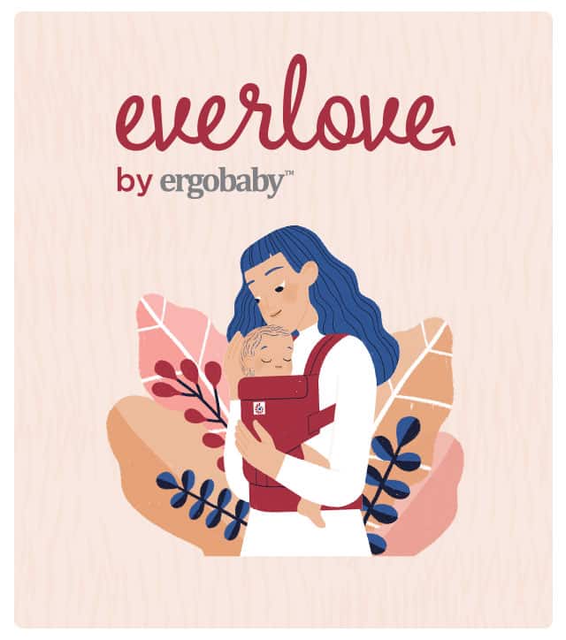 Illustration of woman holding baby in carrier from ergobaby everlove program.