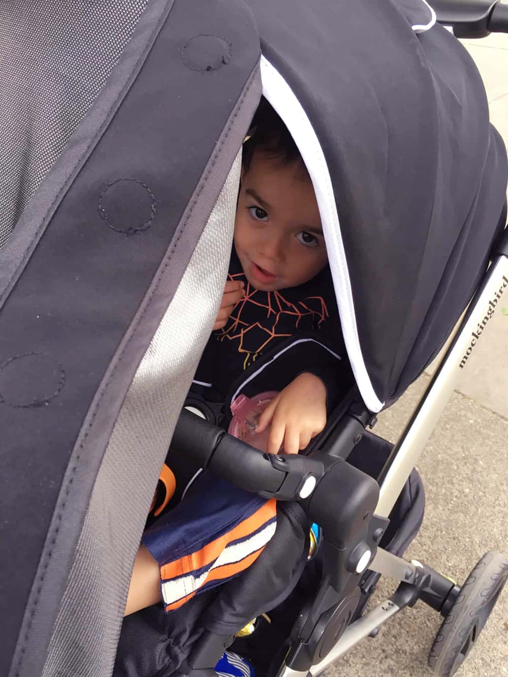 baby peeking out of the stroller canopy