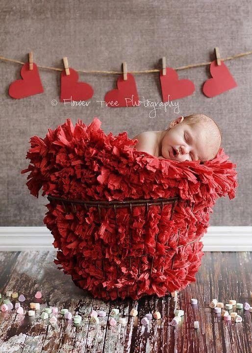 Newborn sleeping in red fluffy blanket in a basket with heart decor in the background