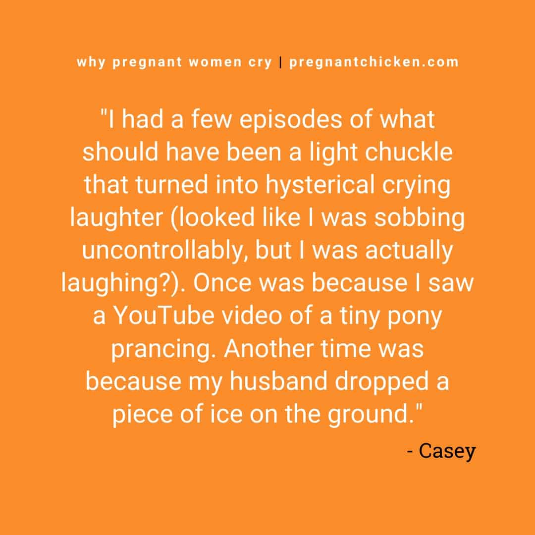 Reasons pregnant women cry series, text reads "I had a few episodes of what should have been a light chuckle that turned into hysterical crying laughter (looked like I was sobbing uncontrollably, but I was actually laughing?). Once was because I saw a YouTube video of a tiny pony prancing. Another time was because my husband dropped a piece of ice on the ground."