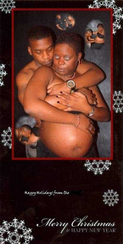 Christmas card featuring a topless man and woman embracing over pregnant belly 