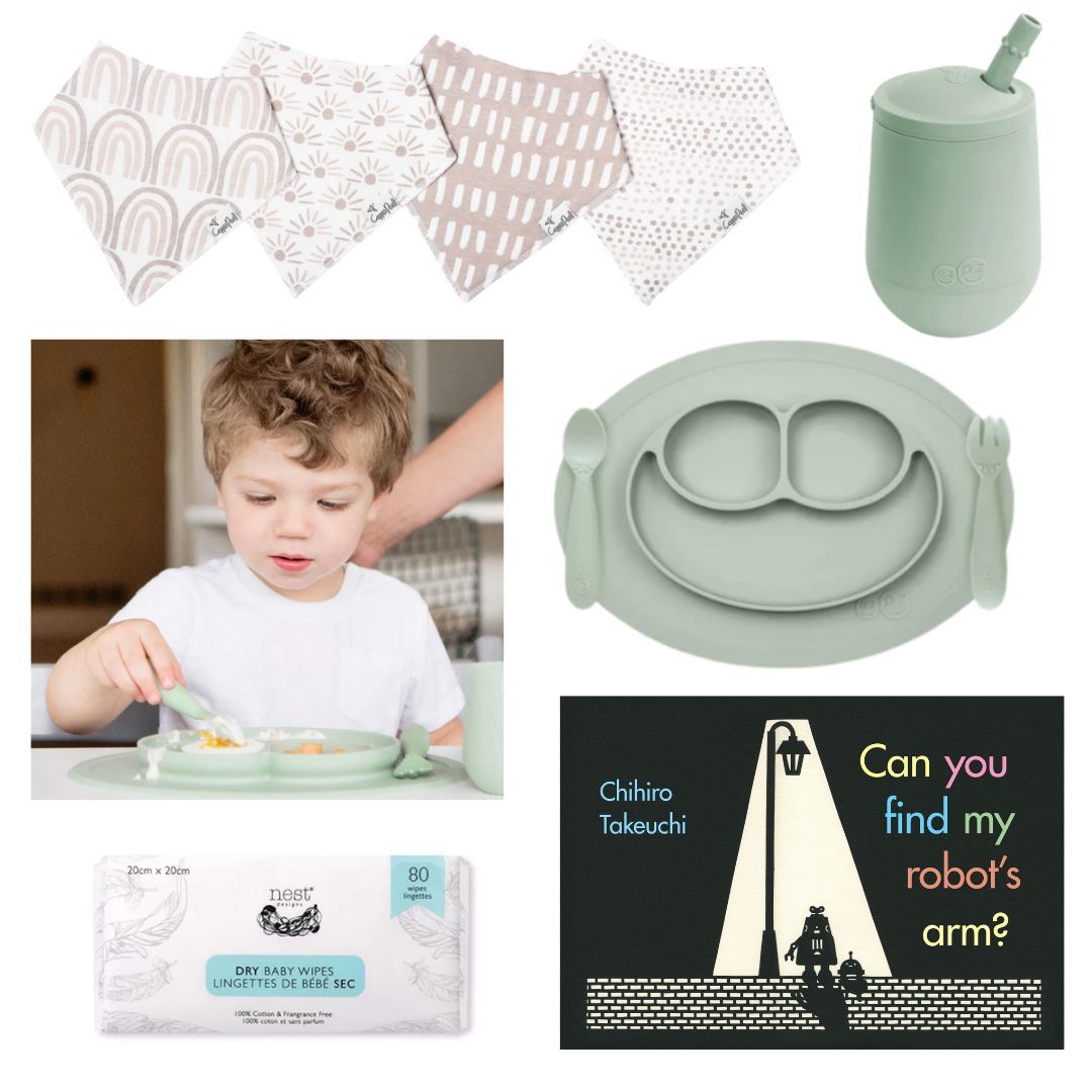 october swag box copper pearl bibs, ezpz green feeding sets, can you find my robot's arm book, and nest dry baby wipes.