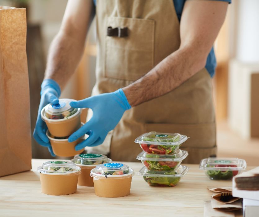 man packing healthy salads and take out for for delivery