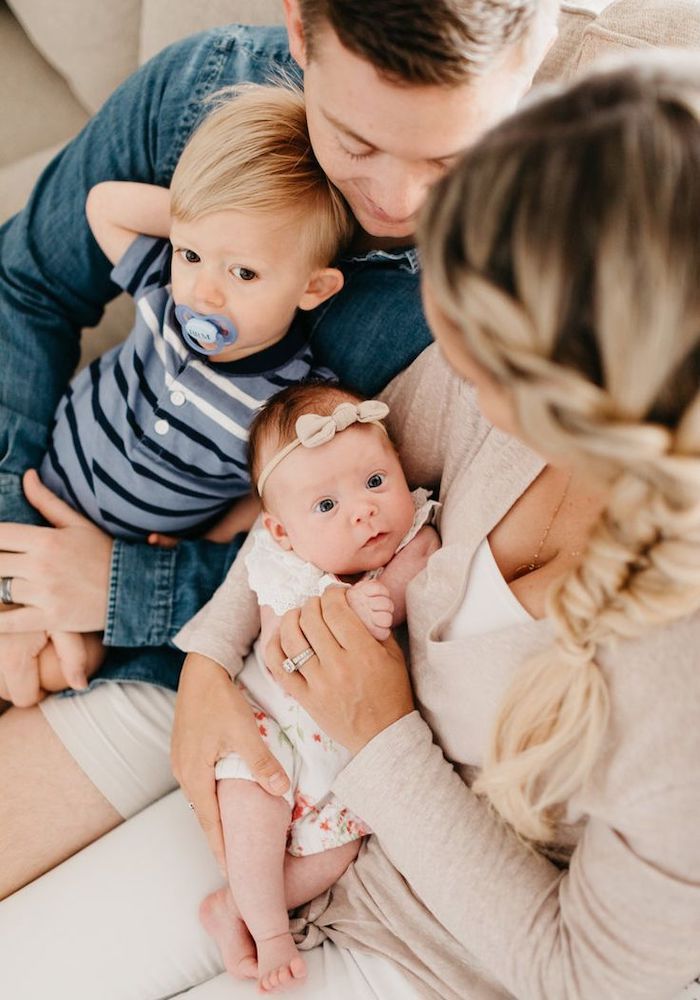 Family of four newborn baby photoshoot toddler big brother and baby sister