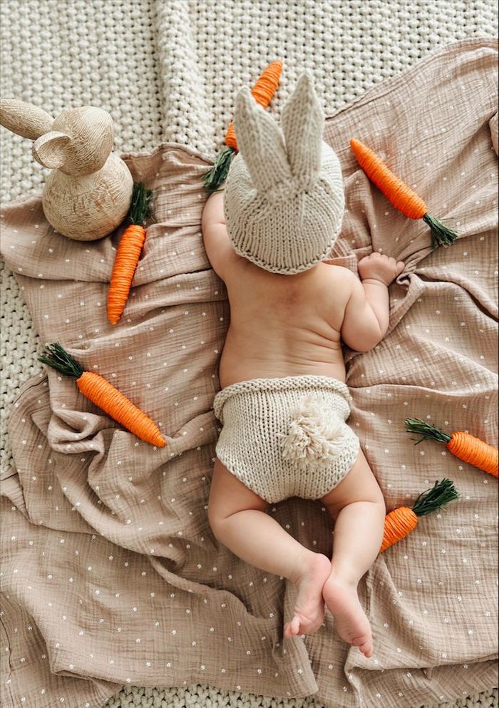 Knit crochet bunny diaper cover and bunny ear hat